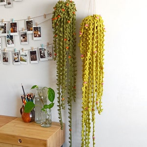 May include: Two crocheted hanging plants with green and yellow yarn. The plants are hanging from the ceiling and have small orange flowers.