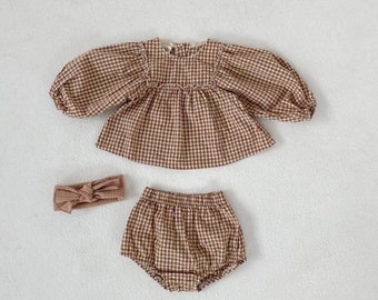 Baby Girl Plaid clothing set , Blouse and Bloomer , Toddler Girls set , Infant baby girl cotton two piece , Baby blouse and bloomer