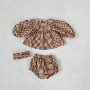 Baby Girl Plaid clothing set , Blouse and Bloomer , Toddler Girls set , Infant baby girl cotton two piece , Baby blouse and bloomer