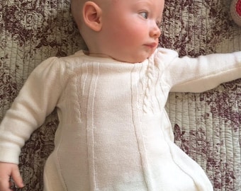 Babies Organic cashmere and Cotton cable Knit dress, baptism dress, barmitzvah, baby knit dress,baby girl dress white, baby Christmas dress