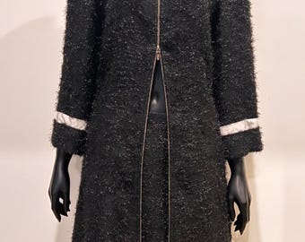 Super chic Chanel 2001 cotton, silk boucle style long zip coat with matching mini skirt