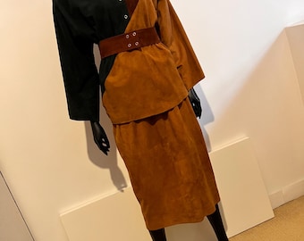Striking vintage 1980’s Suede skirt suit/set by Guy Fulop for HERMANNS with belt