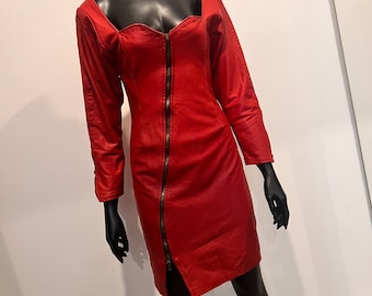 Vintage 1970s Red Leather Dress: Asymmetrical Zip, Sweetheart Neckline