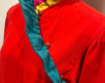 Vintage 1970’s Kenzo Paris multicoloured corduroy tiered dress with ruffle collar detail
