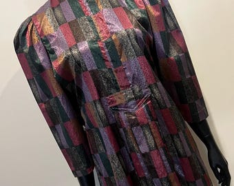 Vintage 1980s Handmade Metallic Dress, Embossed Fabric, Rectangular Pattern, Purple Silver Charcoal Burgundy