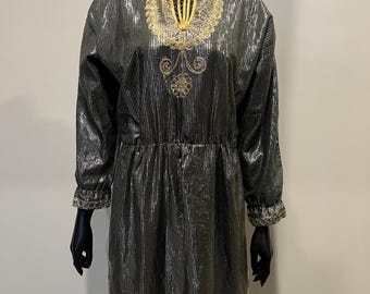 Vintage handmade metallic silver dress with hand worked, unique embroidered detail
