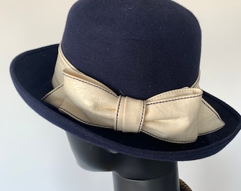 1970s Vintage Blue Felt Hat with White Vinyl Ribbon