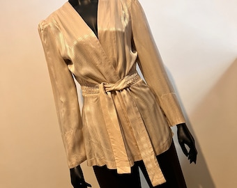 Vintage 1970’s Geoff Bade of Melbourne striped satin blouse with puff sleeve/shoulder pads & elasticised waist