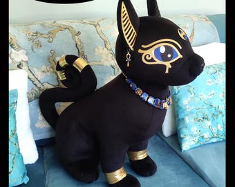 Ready to Ship! 28" tall Egyptian Bastet Black Cat Plush with Egyptian Jewellery