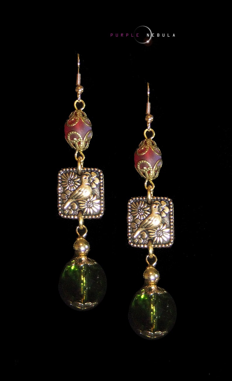 Frosted Cranberry and Olivine Songbird and Lampwork Glass Lily Necklace and Earring Set Autumn Orchard