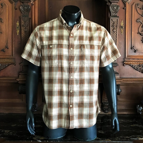 G.H. Bass & Co. Men's Vintage Casual Shirt with Button Down Collar, Bass 100% Cotton Brown and White Plaid Western Style Shirt Size Large