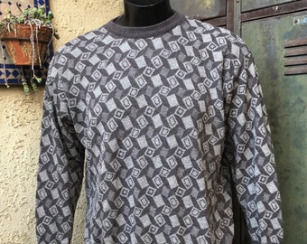 Pronto Uomo Firenze Mens Knit Size 54/XL, Vintage Long Sleeve Sweater, Multi Color Geometric Design Crewneck, Made in Italy