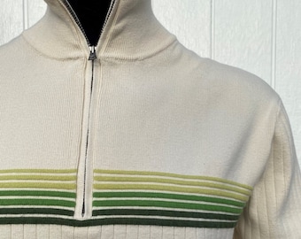 BANANA REPUBLIC Ivory Knit Pullover Sweater Men's size Medium, Green Horizontal Stripes, Long-sleeved Quarter Zip, Made in Hong Kong