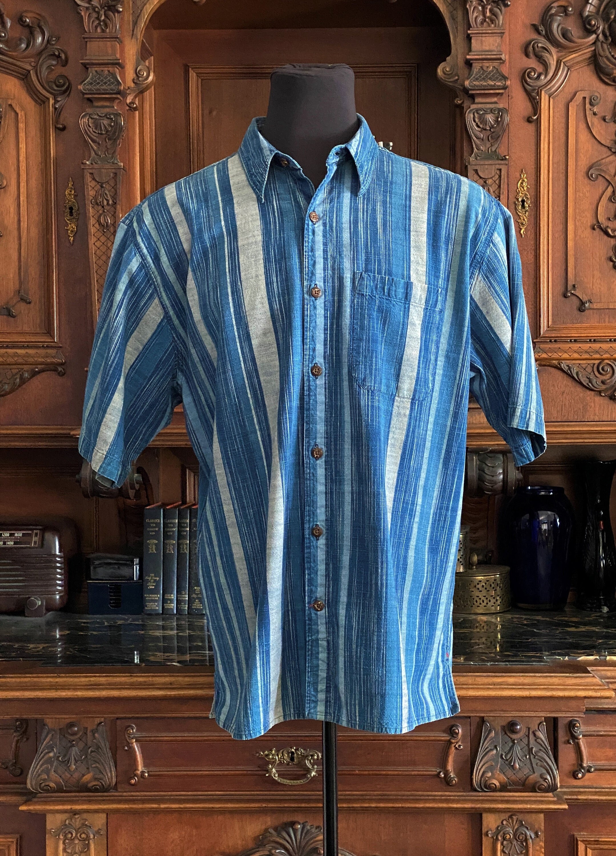 Chic loose blue white striped printed button short sleeve shirt clearance