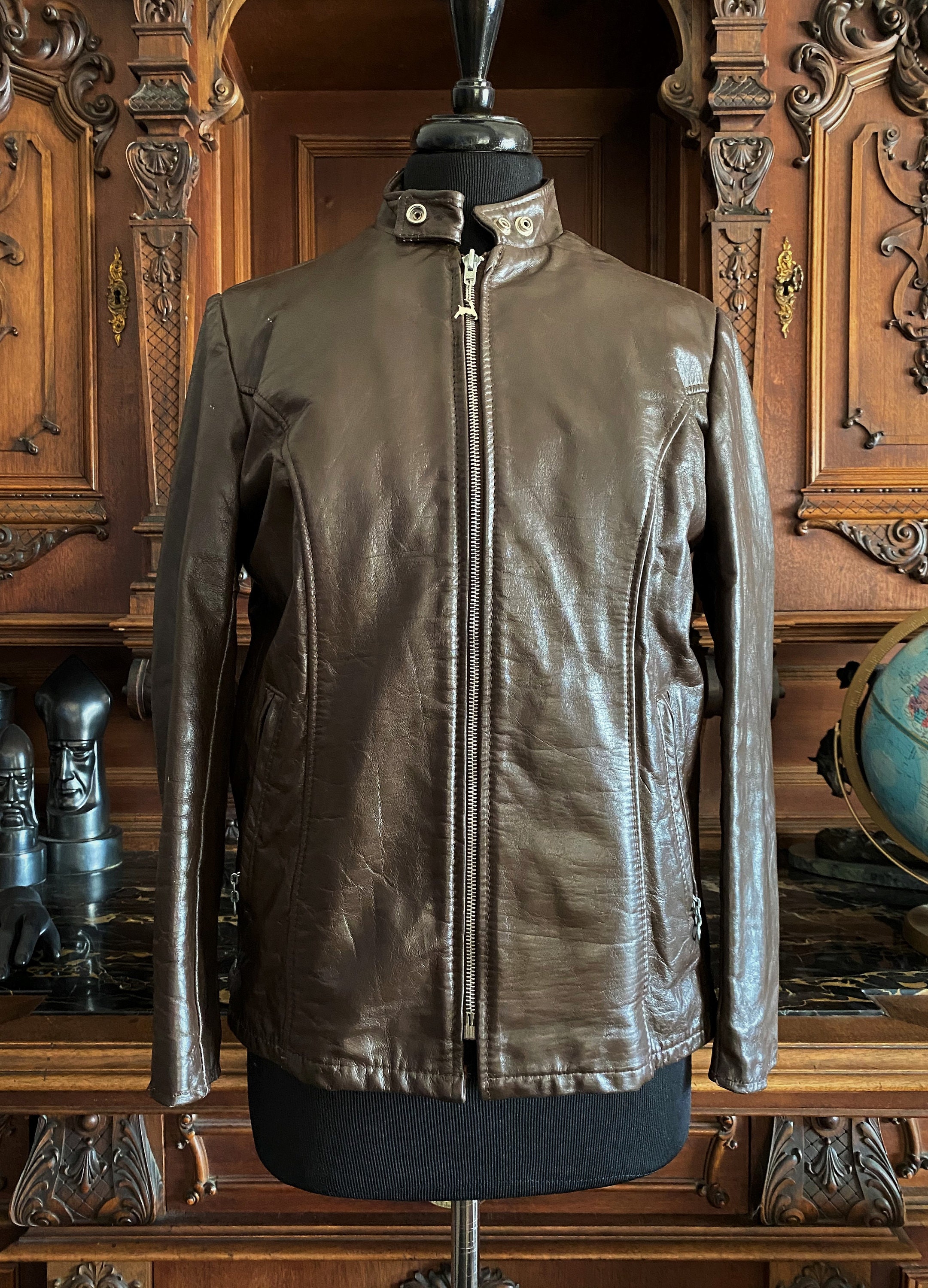 Leather Jacket Sears The Leather Shop Vintage 1970's Unisex Jacket, Brown Leather Jacket Size 18 Faux Fur Lining Size Small