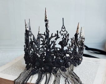 Spike Black Crown With Chain Face Mask Veil Halloween Lace Headband Fascinator Black Swan Headpiece Black Tiara Dark Queen Gothic Wedding