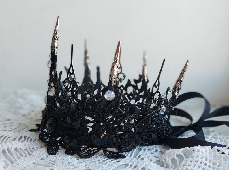 Spike Black Crown With Chain Face Mask Veil Halloween Lace Headband Fascinator Black Swan Headpiece Black Tiara Dark Queen Gothic Wedding image 7