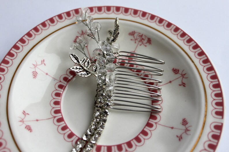 Wedding Headpiece Silver Double Hair Comb Godness Crystal 1920s Bridal Head Chain Boho Bride Hair Comb Headband Art Deco Hair Piece Leafs