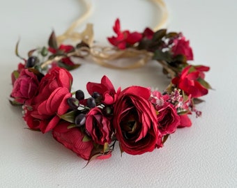 Red Bridal Flower Crown Woodland Wedding Boho Wreath Floral Headband Flower Girl Headpiece Hair Accessories Bridal Shower Han Party Crown