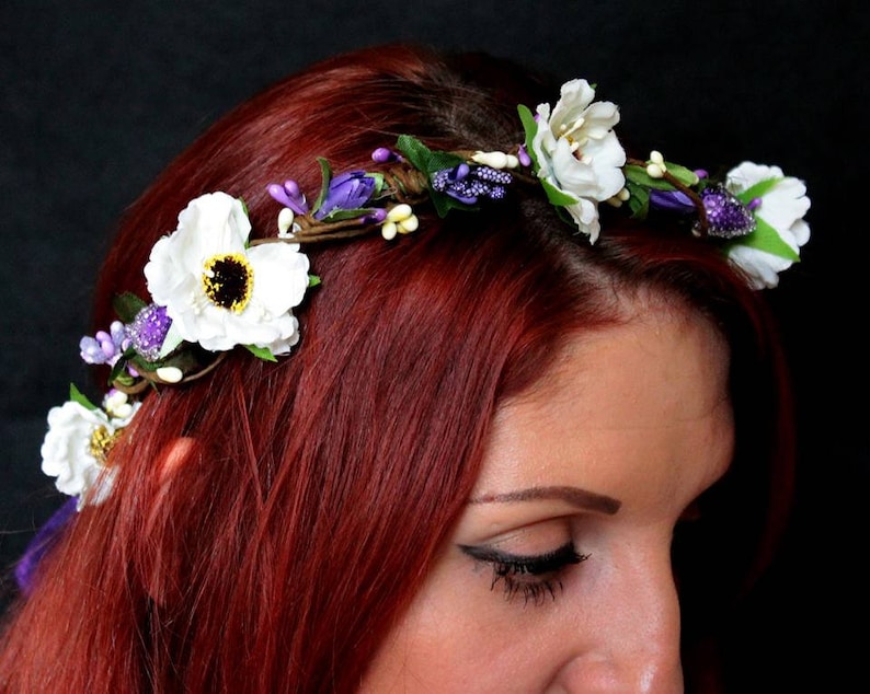 White ivory purple bridal Boho wedding wreath flower crown flower halo baby wreath newborn headband headpiece roses rustic woodland wedding