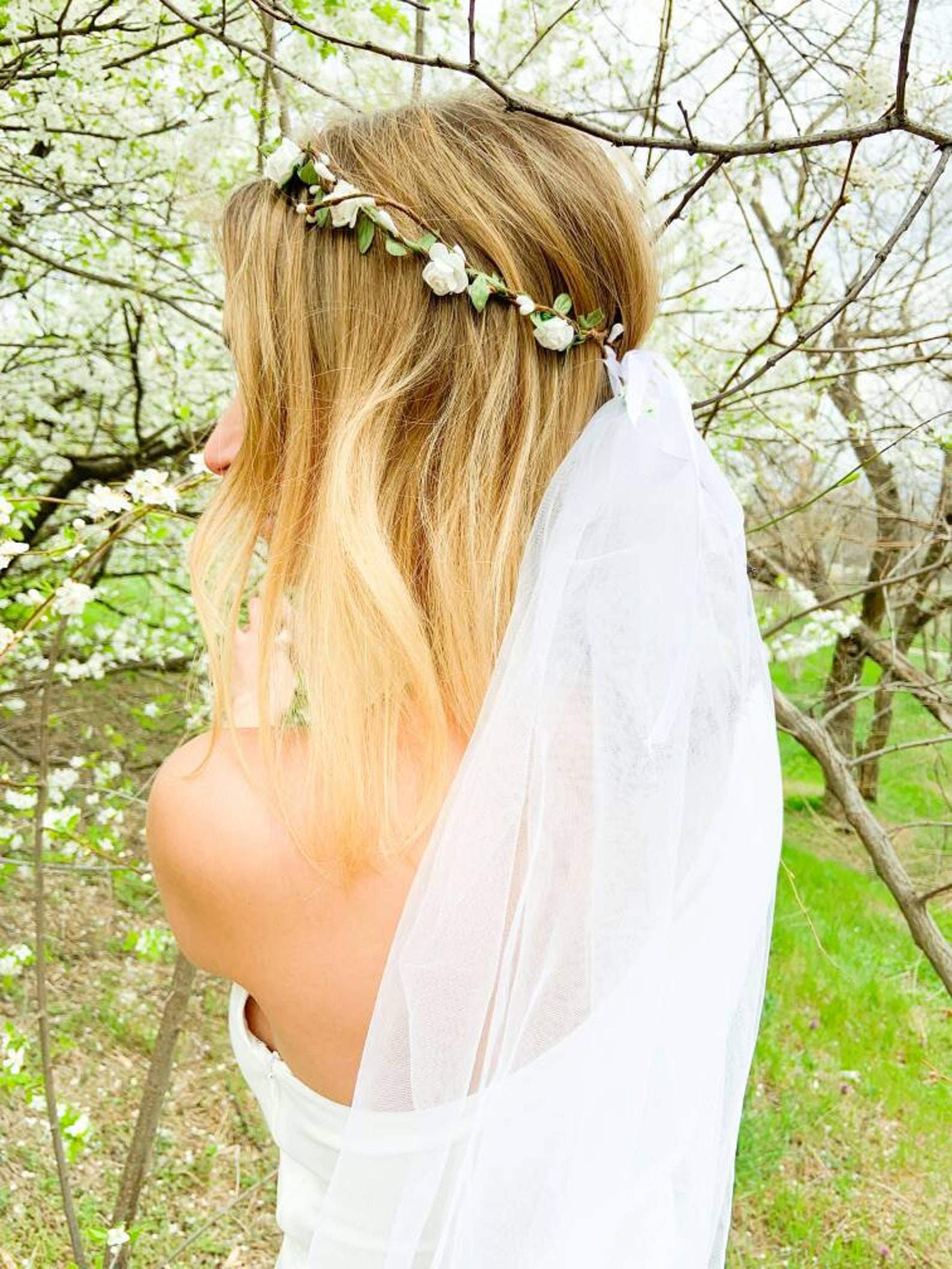 Simple Bridal Flower Crown with veil Rustic Wedding Wreath Etsy