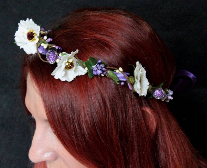 White ivory purple bridal Boho wedding wreath flower crown flower halo baby wreath newborn headband headpiece roses rustic woodland wedding