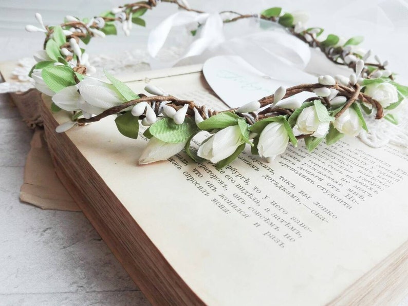 Flower Crown Ivory Boho Bride Flower Girl Halo Bridal Headband Wedding Hairpiece Floral Garland Bridesmaids Gift Hen Party Shower Veil Tiara