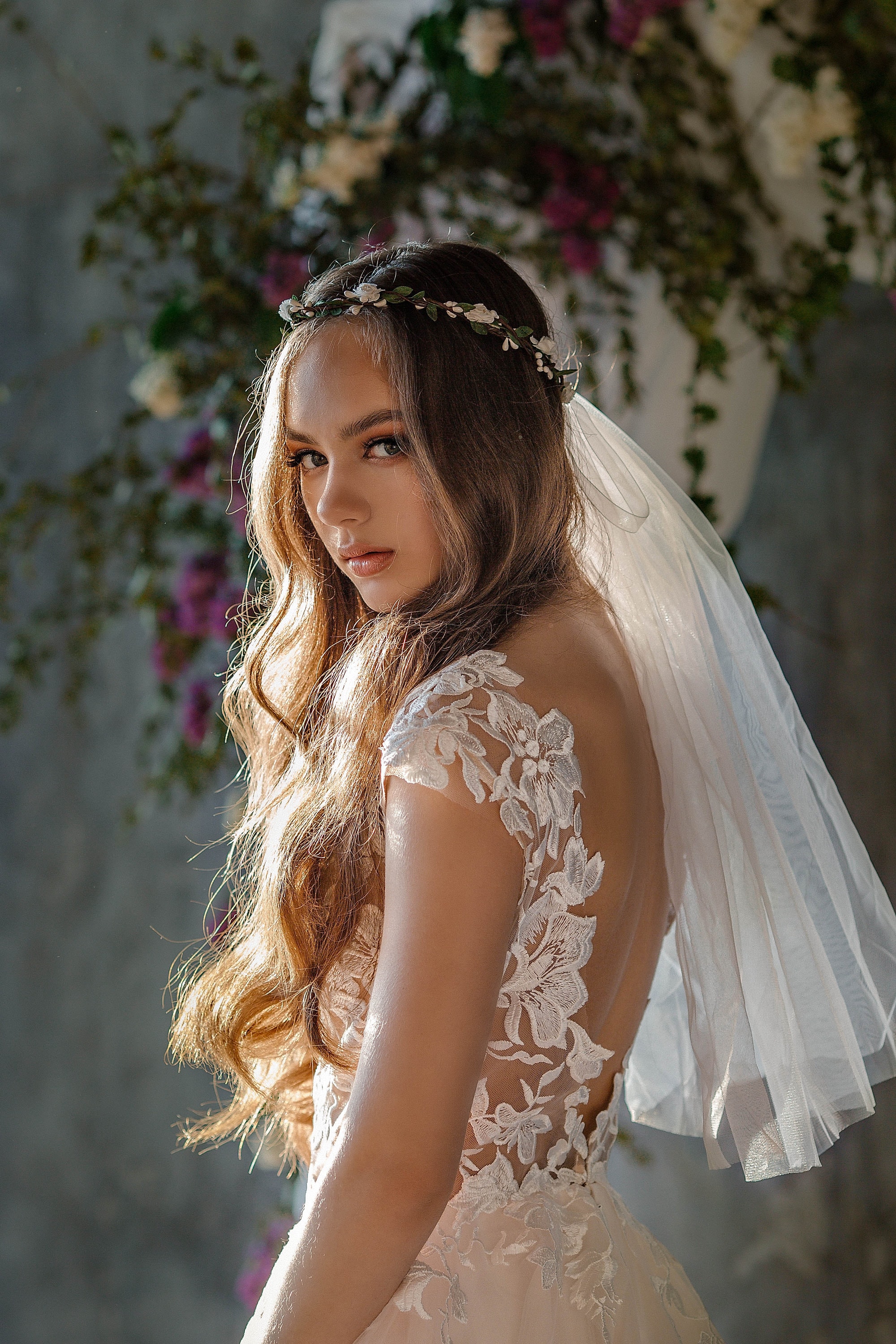 White and Ivory Flower Crown With Veil Flower Girl Wreath Bridal