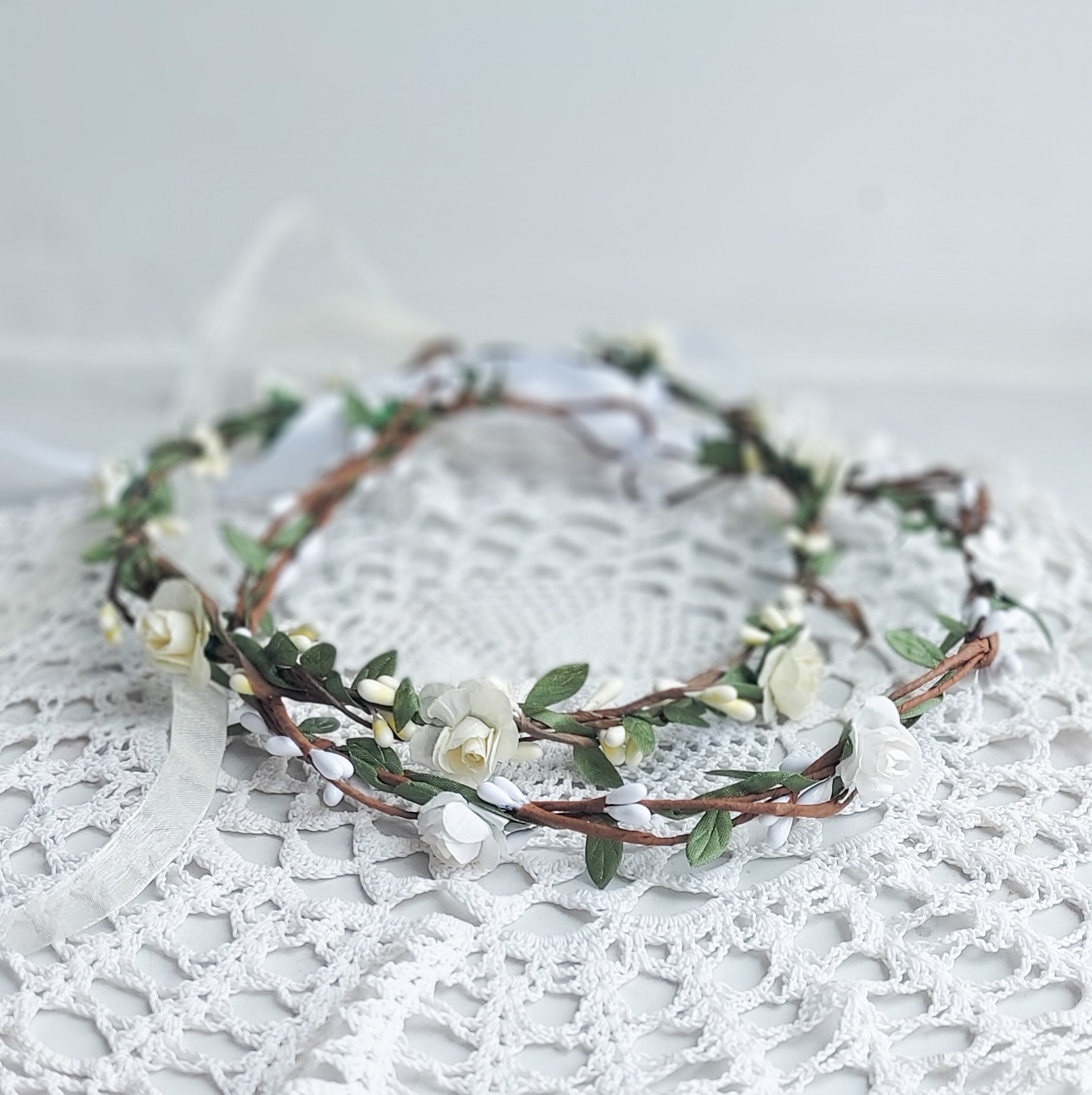 Ivory Simple flower crown with veil Bridal Boho headpiece Etsy