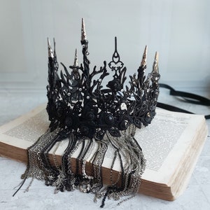 Spike Black Crown With Chain Face Mask Veil Halloween Lace Headband Fascinator Black Swan Headpiece Black Tiara Dark Queen Gothic Wedding image 10