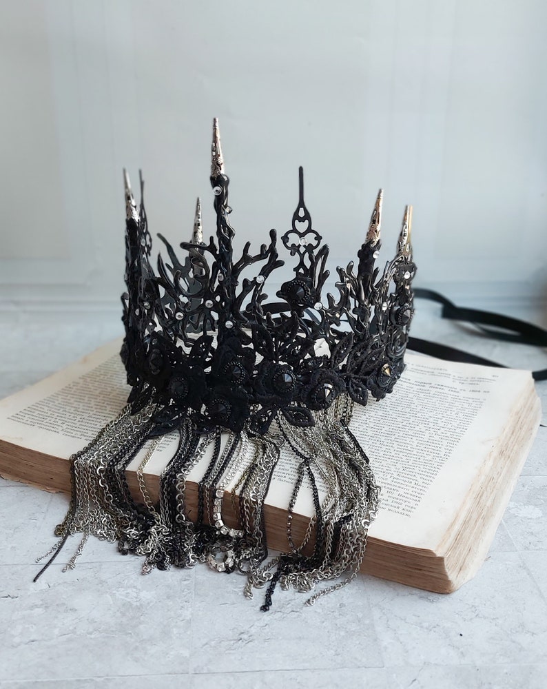 Spike Black Crown With Chain Face Mask Veil Halloween Lace Headband Fascinator Black Swan Headpiece Black Tiara Dark Queen Gothic Wedding image 10