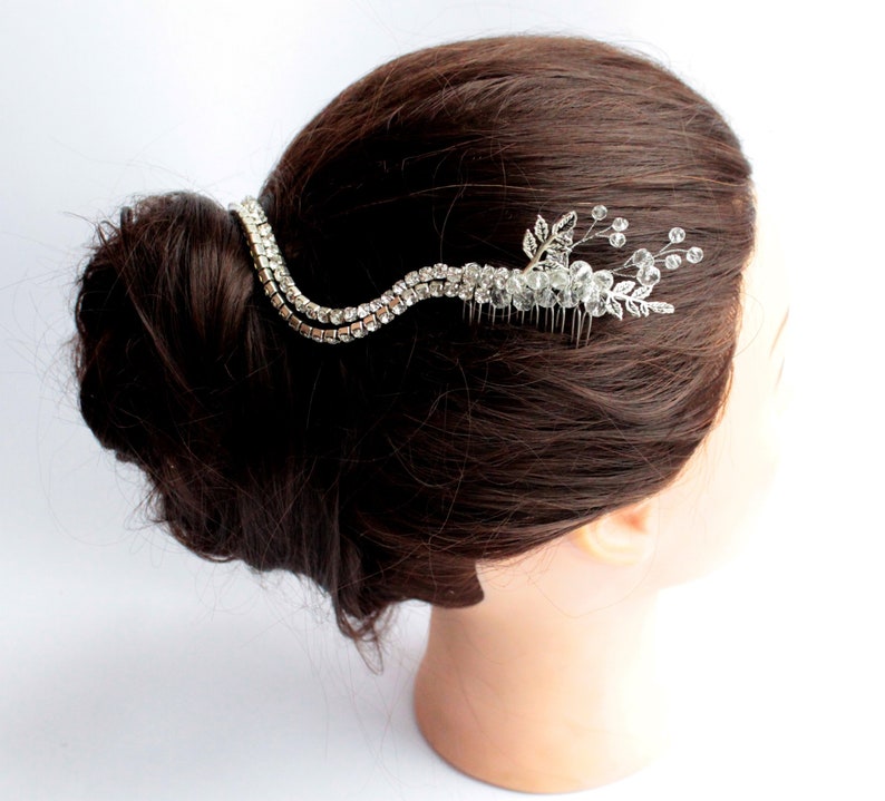 Wedding Headpiece Silver Double Hair Comb Godness Crystal 1920s Bridal Head Chain Boho Bride Hair Comb Headband Art Deco Hair Piece Leafs