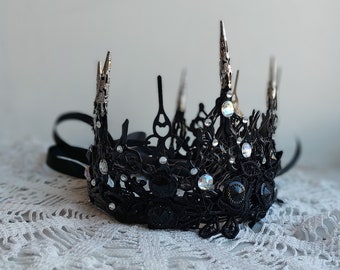 Spike Male Black Crown With Chain Face Mask Veil Drag Queen Lace Headband Fascinator Black Swan King Headpiece Black Tiara Dark Gothic