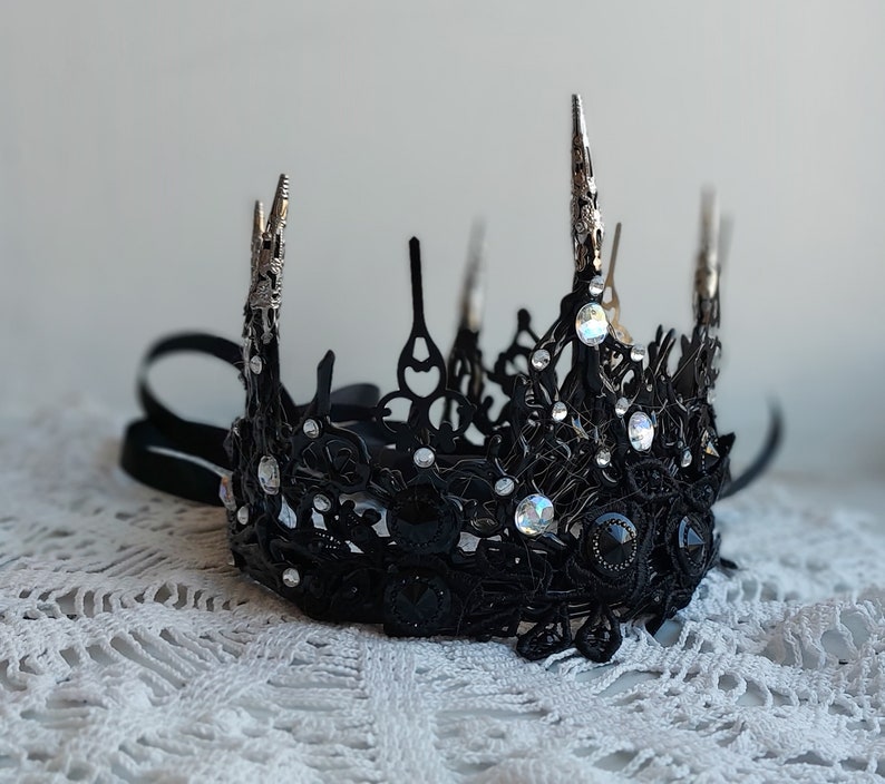 Spike Black Crown With Chain Face Mask Veil Halloween Lace Headband Fascinator Black Swan Headpiece Black Tiara Dark Queen Gothic Wedding image 6