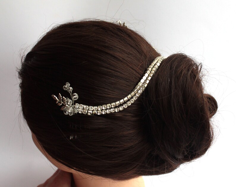 Wedding Headpiece Silver Double Hair Comb Godness Crystal 1920s Bridal Head Chain Boho Bride Hair Comb Headband Art Deco Hair Piece Leafs