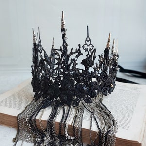 Spike Black Crown With Chain Face Mask Veil Halloween Lace Headband Fascinator Black Swan Headpiece Black Tiara Dark Queen Gothic Wedding image 9