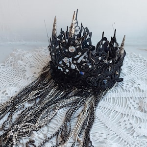 Spike Black Crown With Chain Face Mask Veil Halloween Lace Headband Fascinator Black Swan Headpiece Black Tiara Dark Queen Gothic Wedding image 8