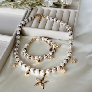 Gold Starfish Pearl Jewelry Set: Handmade Coastal Wedding Necklace, Bracelet & Earrings