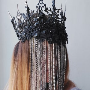 Spike Black Crown With Chain Face Mask Veil Halloween Lace Headband Fascinator Black Swan Headpiece Black Tiara Dark Queen Gothic Wedding image 2