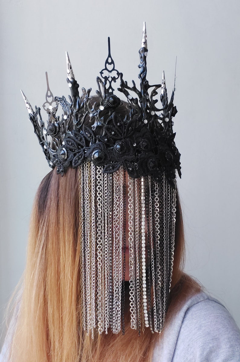 Spike Black Crown With Chain Face Mask Veil Halloween Lace Headband Fascinator Black Swan Headpiece Black Tiara Dark Queen Gothic Wedding image 2