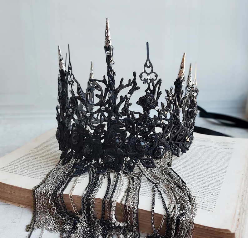 Spike Black Crown With Chain Face Mask Veil Halloween Lace Headband Fascinator Black Swan Headpiece Black Tiara Dark Queen Gothic Wedding image 1
