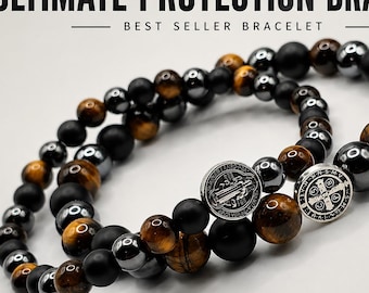 Bracelet Saint Benoît Triple Protection | Hématite naturelle, œil de tigre | Onyx noir mat | Bracelet religieux fait main pour homme et femme