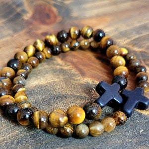 Natural Tiger&#39;s eye Bracelet - Protection bracelet - Religious Bracelet - His and Hers Bracelet - Black cross bracelet - Tiger eye bracelet