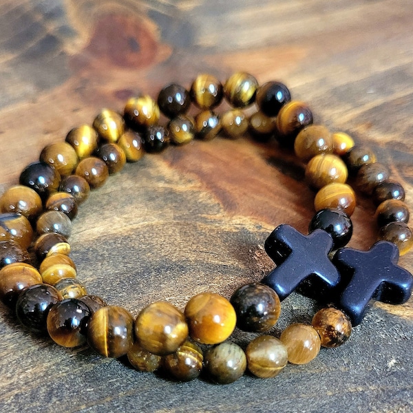 Natural Tiger's eye Bracelet - Protection bracelet - Religious Bracelet - His and Hers Bracelet - Black cross bracelet - Tiger eye bracelet