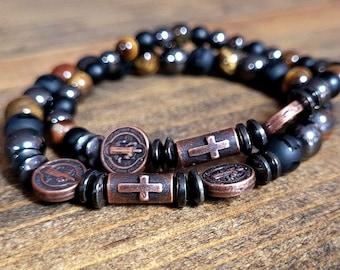 Saint benedict protection bracelet - Religious Bracelet - Natural Gemstones - Men's bracelet - gift ideas for men - mens jewelry - Handmade