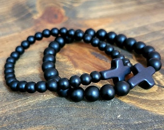 Matte Black Onyx cross Bracelet - Protection bracelet - Religious Bracelet - His and Hers Bracelet - Black cross bracelet - Cross bracelet