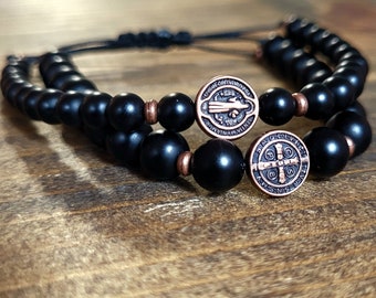 Adjustable Matte Black Onyx Saint Benedict Bracelet - Protection bracelet - Religious Bracelet - Adjustable bracelet - His and Hers - Onyx