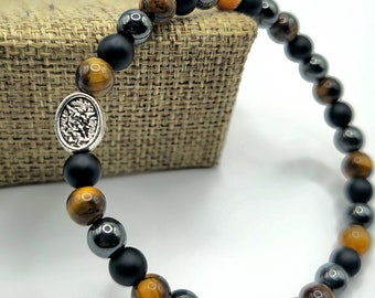 Pulsera de triple protección de San Miguel, pulsera de protección, San Miguel, pulsera religiosa, medalla de doble cara, 3 cuentas de piedras preciosas naturales