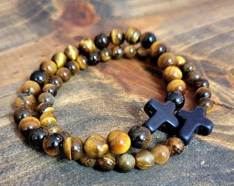 Pulsera de ojo de tigre natural - Pulsera de protección - Pulsera religiosa - Pulsera para él y para ella - Pulsera de cruz negra - Pulsera de ojo de tigre