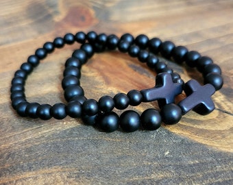 Pulsera con cruz de ónix negro mate - Pulsera de protección - Pulsera religiosa - Pulsera para hombre - Pulsera para mujer - Joyería cristiana - Católica